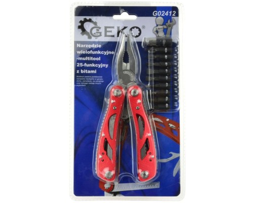 G02412 Мультитул-многофункциональный инструмент, 25 функций, нейлоновый чехол, красный, GEKO