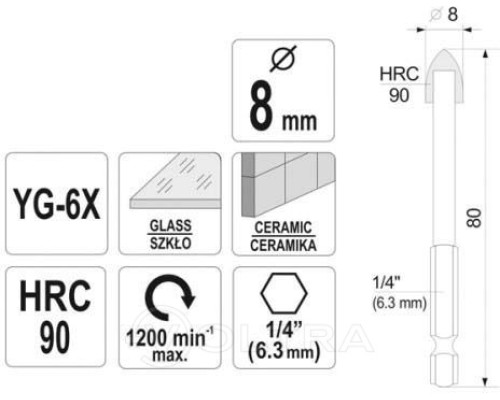  Сверло по плитке и стеклу с хвостовиком HEX 8.0x60мм Sthor 21704