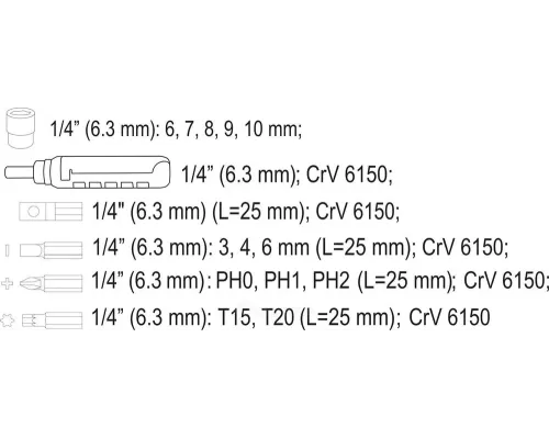  Отвёртка + головки и биты 15пр. Vorel 65034