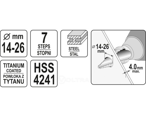  Сверло по металлу ступенчатое 14-26мм HSS-TiN Yato YT-44743