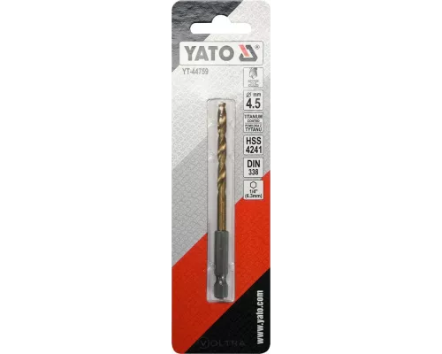  Сверло по металлу HSS-TiN 4,5мм с хвостовиком HEX Yato YT-44759
