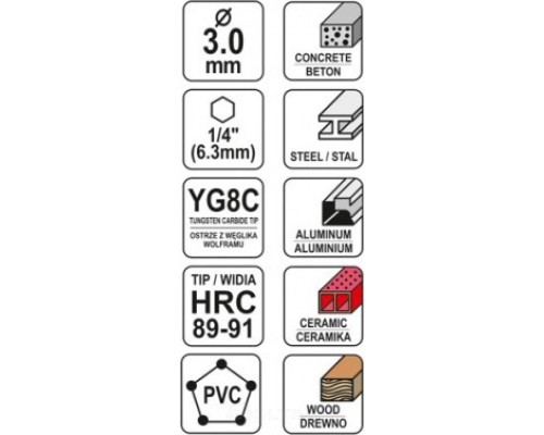  Сверло универсальное 3.0х85мм с хвостовиком HEX Yato YT-44780