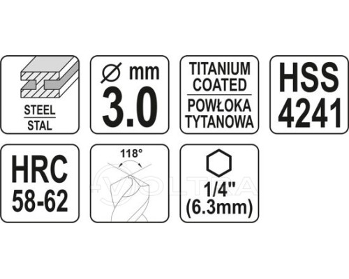  Сверло-шарошка по металлу 3.0мм HSS-TiN с хвостовиком HEX Yato YT-44820