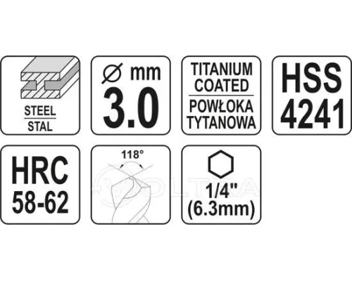  Сверло-шарошка по металлу 3.0мм HSS-TiN с хвостовиком HEX Yato YT-44820
