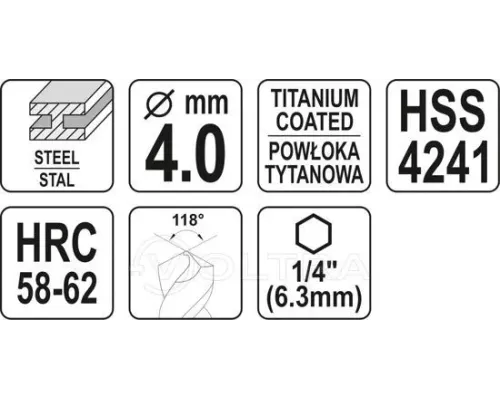  Сверло-шарошка по металлу 4.0мм HSS-TiN с хвостовиком HEX Yato YT-44821