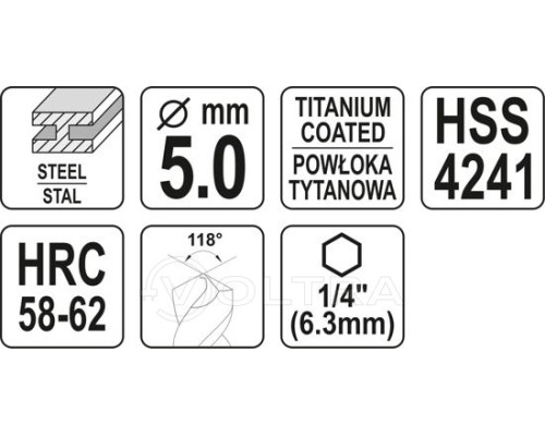  Сверло-шарошка по металлу 5.0мм HSS-TiN с хвостовиком HEX Yato YT-44822