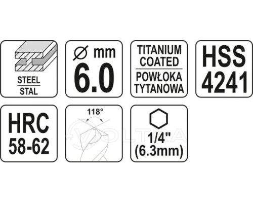  Сверло-шарошка по металлу 6.0мм HSS-TiN с хвостовиком HEX Yato YT-44823