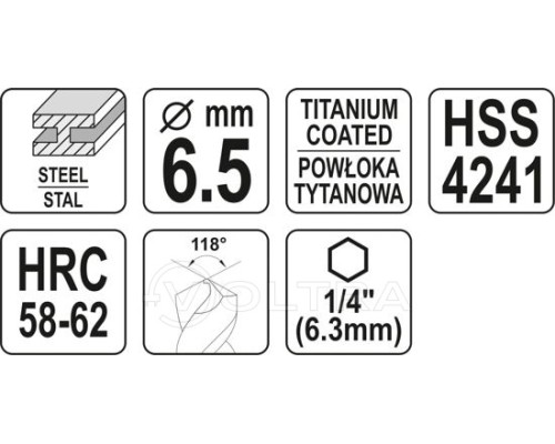  Сверло-шарошка по металлу 6.5мм HSS-TiN с хвостовиком HEX Yato YT-44824