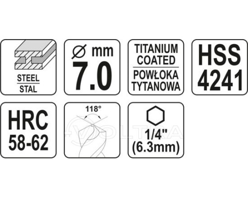  Сверло-шарошка по металлу 7мм HSS-TiN с хвостовиком HEX Yato YT-44825