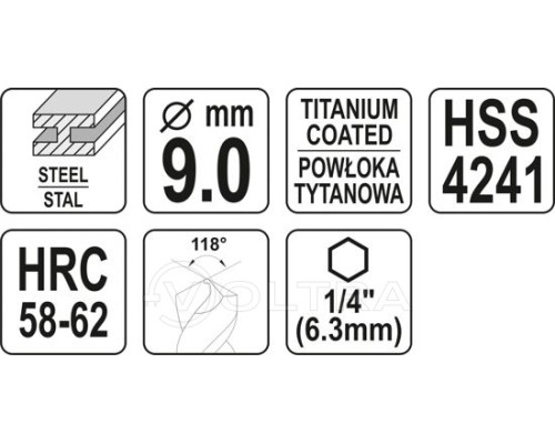  Сверло-шарошка по металлу 9мм HSS-TiN с хвостовиком HEX Yato YT-44827