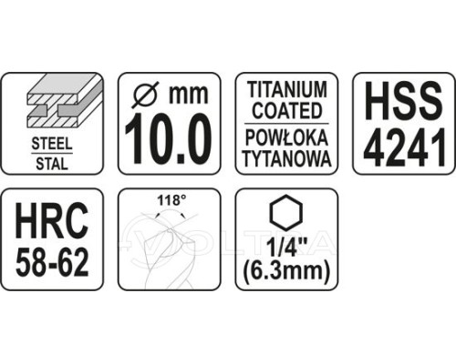  Сверло-шарошка по металлу 10мм HSS-TiN с хвостовиком HEX Yato YT-44828