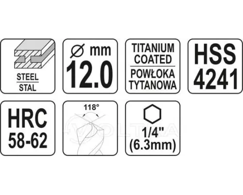  Сверло-шарошка по металлу 12мм HSS-TiN с хвостовиком HEX Yato YT-44830