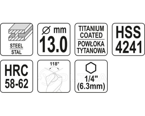  Сверло-шарошка по металлу 13мм HSS-TiN с хвостовиком HEX Yato YT-44831