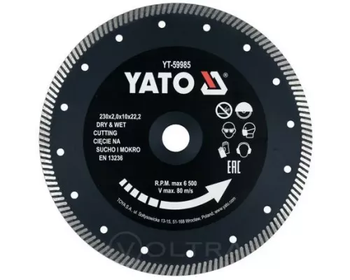  Круг алмазный для керамогранита 230x22.2x2.0мм Yato YT-59985