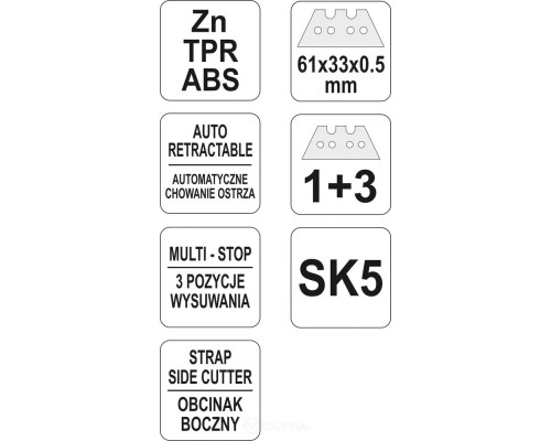  Нож с выдвижным трапецевидным лезвием 61x33x0.5мм (1+3 шт.) SK5, Zn Yato YT-75201