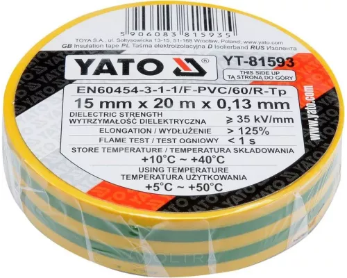  Изолента ПВХ 15мм х 20м х 0.13мм (желто-зеленая) Yato YT-81593