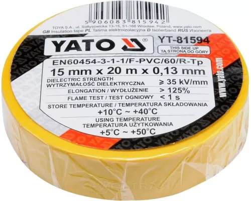  Изолента ПВХ 15мм х 20м х 0.13мм (желтая) Yato YT-81594