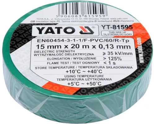  Изолента ПВХ 15мм х 20м х 0.13мм (зеленая) Yato YT-81595