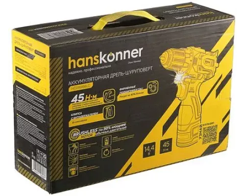 HCD1645BLC Дрель аккумуляторная б/щ Hanskonner, 14,4В, 45Нм, 2х2.0Ач, патрон 10мм, сумка-кейс HCD1645BLC Дрель аккумуляторная б/щ Hanskonner, 14,4В, 45Нм, 2х2.0Ач, патрон 10мм, сумка-кейс