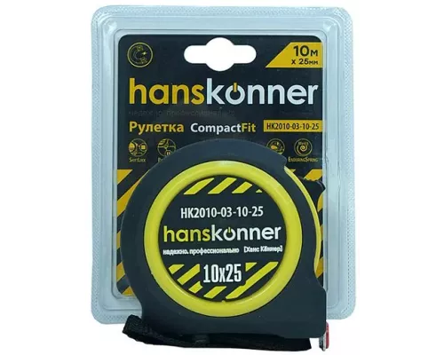 Рулетка 10x25мм, 2 стопа, компактный корпус, мощный магнит, Hanskonner Рулетка 10x25мм, 2 стопа, компактный корпус, мощный магнит, Hanskonner