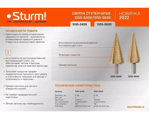 Сверла ступенчатые Sturm! 1055-S439