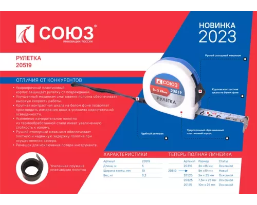 Рулетка 5х19мм, пластиковый корпус, СОЮЗ