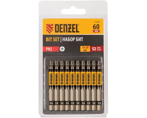 Бита PH2х60, сталь S2, цилиндр., 10 шт. Е 6,3 Denzel Бита PH2х60, сталь S2, цилиндр., 10 шт. Е 6,3 Denzel