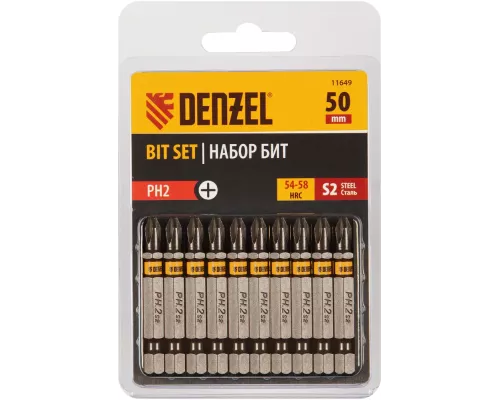 Бита PH2х50, сталь S2, шестигранный профиль, 10 шт. Е 6,3 Denzel