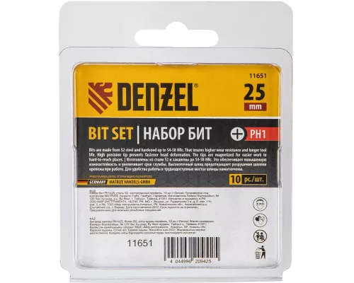 Бита PH1х25, сталь S2, шестигранный профиль, 10 шт. Е 6,3 Denzel Бита PH1х25, сталь S2, шестигранный профиль, 10 шт. Е 6,3 Denzel
