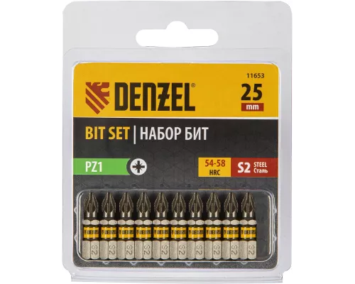 Бита PZ1х25, сталь S2, шестигранный профиль, 10 шт. Е 6,3 Denzel Бита PZ1х25, сталь S2, шестигранный профиль, 10 шт. Е 6,3 Denzel