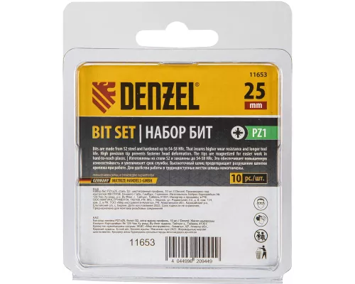 Бита PZ1х25, сталь S2, шестигранный профиль, 10 шт. Е 6,3 Denzel Бита PZ1х25, сталь S2, шестигранный профиль, 10 шт. Е 6,3 Denzel