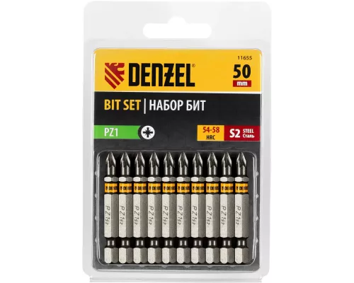 Бита PZ1х50, сталь S2, шестигранный профиль, 10 шт. Е 6,3 Denzel