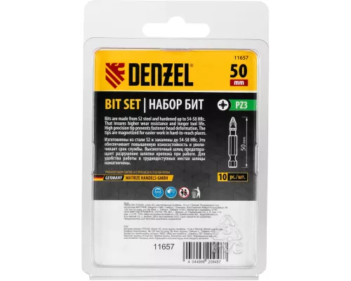 Бита PZ3х50, сталь S2, шестигранный профиль, 10 шт. Е 6,3 Denzel Бита PZ3х50, сталь S2, шестигранный профиль, 10 шт. Е 6,3 Denzel