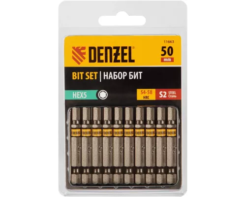 Бита HEX 5х50, сталь S2, шестигранный профиль, 10 шт. Е 6,3 Denzel Бита HEX 5х50, сталь S2, шестигранный профиль, 10 шт. Е 6,3 Denzel