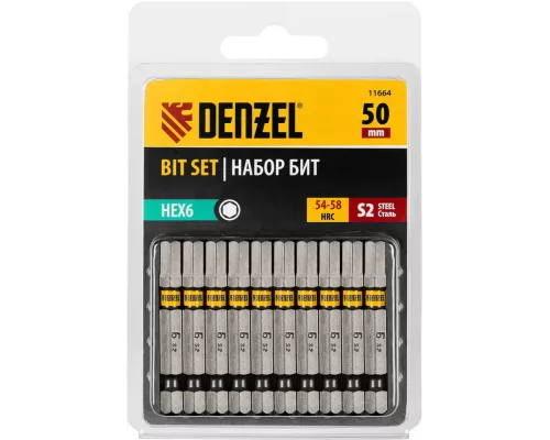Бита HEX 6х50, сталь S2, шестигранный профиль, 10 шт. Е 6,3 Denzel Бита HEX 6х50, сталь S2, шестигранный профиль, 10 шт. Е 6,3 Denzel