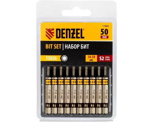 Бита TX 8х50, сталь S2, шестигранный профиль, 10 шт. Е 6,3 Denzel Бита TX 8х50, сталь S2, шестигранный профиль, 10 шт. Е 6,3 Denzel