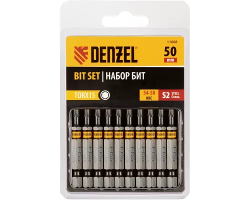 Бита TX 15х50, сталь S2, шестигранный профиль, 10 шт. Е 6,3 Denzel Бита TX 15х50, сталь S2, шестигранный профиль, 10 шт. Е 6,3 Denzel