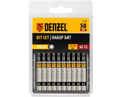 Бита TX 20х50, сталь S2, шестигранный профиль, 10 шт. Е 6,3 Denzel