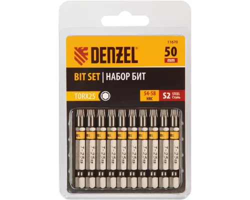Бита TX 25х50, сталь S2, шестигранный профиль, 10 шт. Е 6,3 Denzel