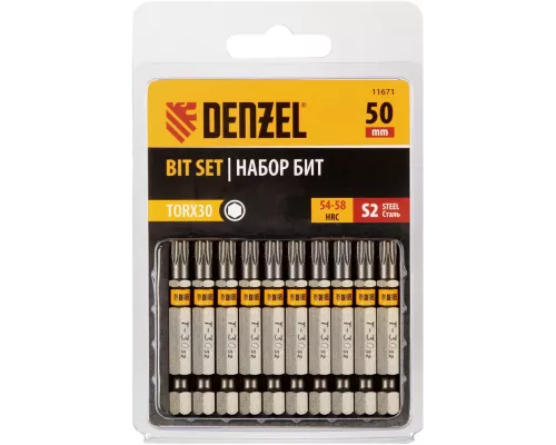 Бита TX 30х50, сталь S2, шестигранный профиль, 10 шт. Е 6,3 Denzel