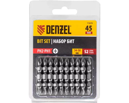 Бита двухсторонняя, PH2-PH1 х 45 мм, сталь S2, 10 шт. Denzel Бита двухсторонняя, PH2-PH1 х 45 мм, сталь S2, 10 шт. Denzel