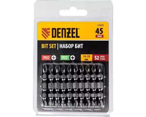 Бита двухсторонняя, PH2-PZ2 х 45 мм, сталь S2, 10 шт. Denzel Бита двухсторонняя, PH2-PZ2 х 45 мм, сталь S2, 10 шт. Denzel