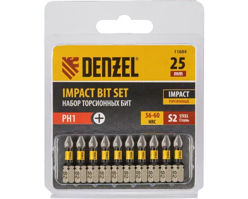 Бита IMPACT, PH1x25 мм, лазерная обработка шлица, сталь S2, 10 шт., Е 6,3 Denzel