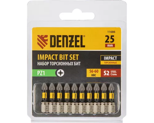 Бита IMPACT, PZ1x25 мм, лазерная обработка шлица, сталь S2, 10 шт., Е 6,3 Denzel