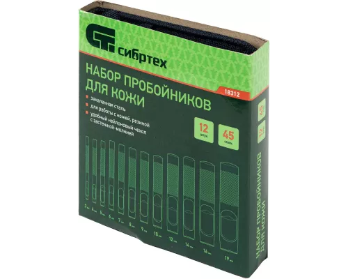 Набор пробойников для кожи 3 4 5 6 7 8 9 10 12 14 16 19 мм, 12 шт, чехол Сибртех Набор пробойников для кожи 3 4 5 6 7 8 9 10 12 14 16 19 мм, 12 шт, чехол Сибртех