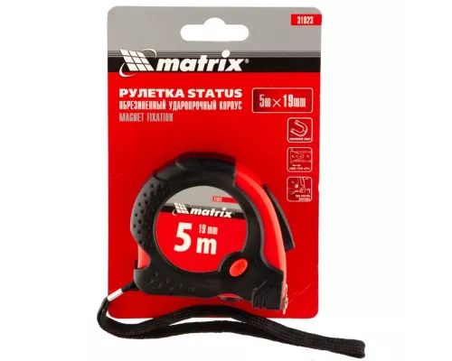 Рулетка Status Magnet fixation,5 м х 19 мм,обрезиненный корпус,зацеп с магнитом Matrix Рулетка Status Magnet fixation,5 м х 19 мм,обрезиненный корпус,зацеп с магнитом Matrix