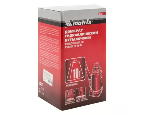 Домкрат гидравлический бутылочный, 10 т, высота подъема 230-460 мм Matrix Домкрат гидравлический бутылочный, 10 т, высота подъема 230-460 мм Matrix