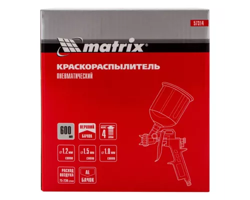 Краскораспылитель пневматический с верхним бачком V 0.6 л, сопло D 1.2, 1.5 и 1.8 мм Matrix Краскораспылитель пневматический с верхним бачком V 0.6 л, сопло D 1.2, 1.5 и 1.8 мм Matrix