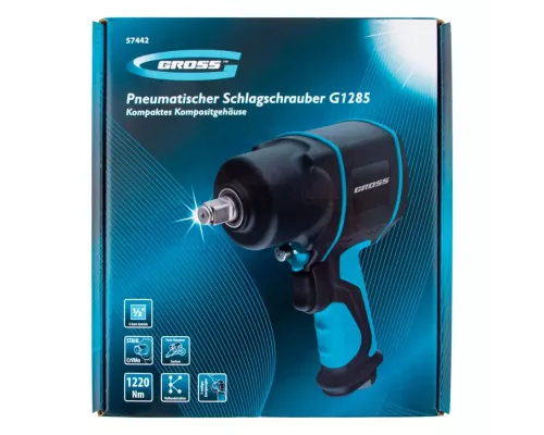Гайковерт пневматический ударный G1285, 1/2, Twin Hammer, 1220Нм, 6500 об/мин, композитный Gross Гайковерт пневматический ударный G1285, 1/2, Twin Hammer, 1220Нм, 6500 об/мин, композитный Gross