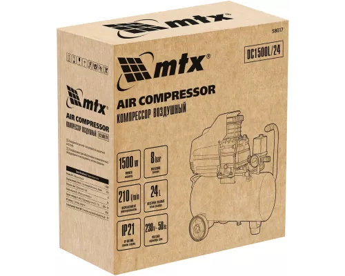 Компрессор воздушный DC1500L/24, 1,5 кВт, 24 л, 210 л/мин MTX Компрессор воздушный DC1500L/24, 1,5 кВт, 24 л, 210 л/мин MTX